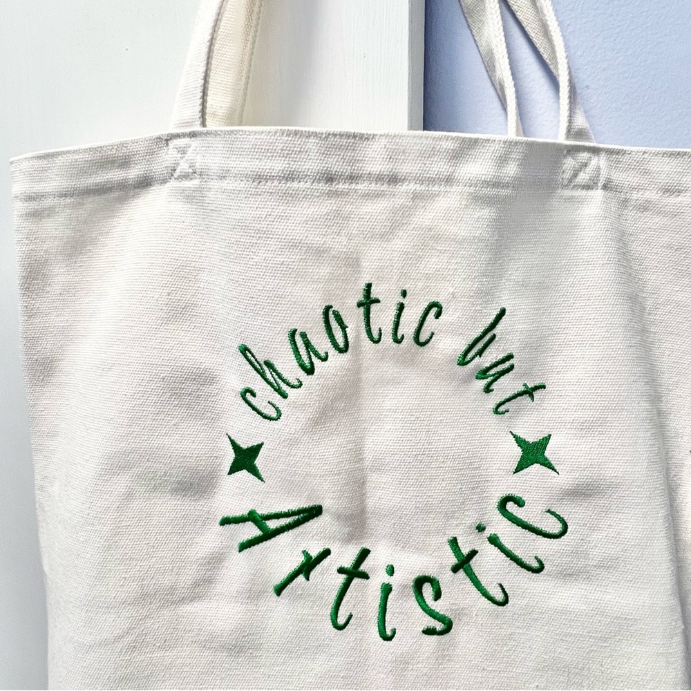 NEW AG cream tote bag cotton canvas for artist w/green embroidery eco friendly